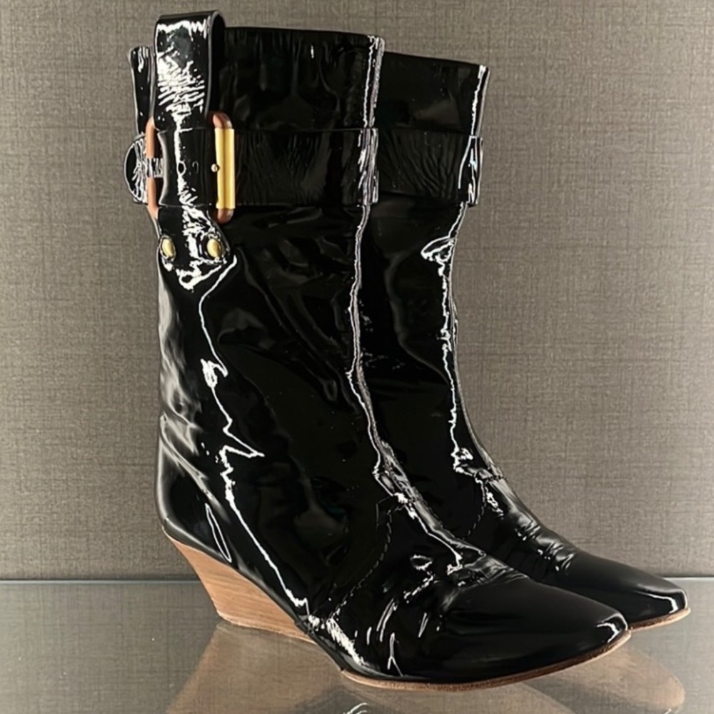 Black Patent Leather Wedge Boots